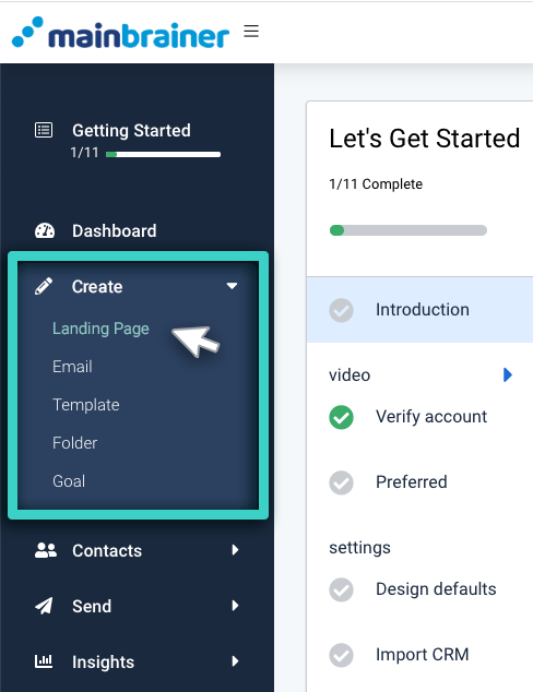 Modify saved landing page, create menu. Landing page option is highlighted