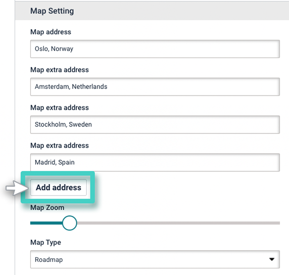 Landing page map. The add address tab is highlighted