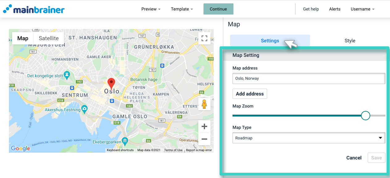Landing page map. The settings tab is highlighted