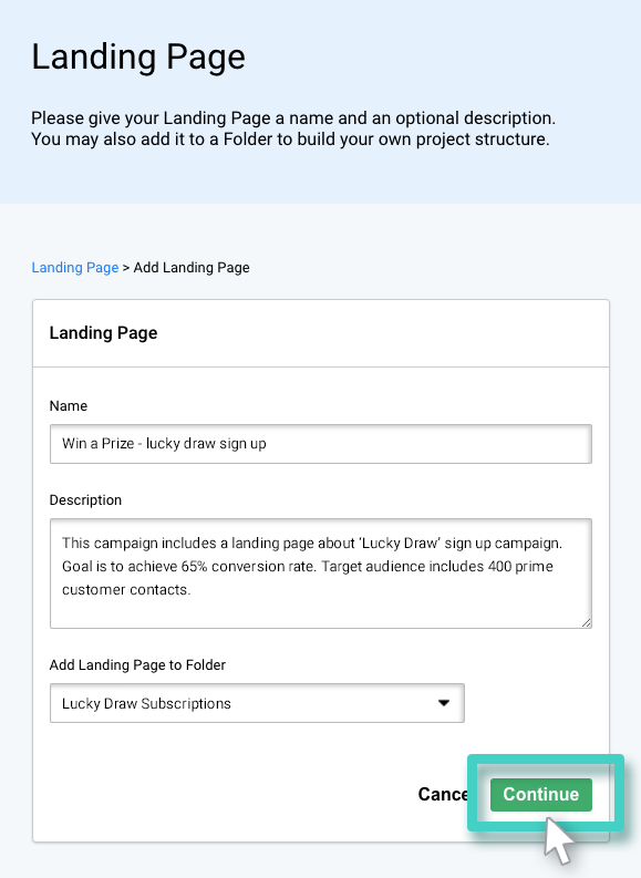 Give landing page a name and description. The continue button is highlighted