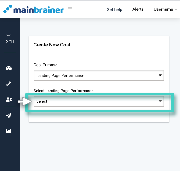 Landing page selection for performance goals. Select landing page performance KPI