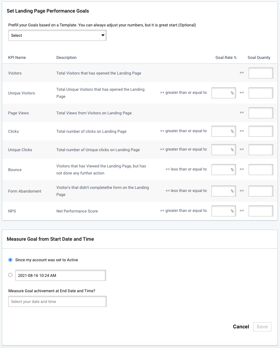 Enter Landing Page Performance KPI Goal values