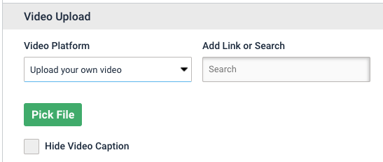Landing page video. Video upload settings. Upload your own video is selected