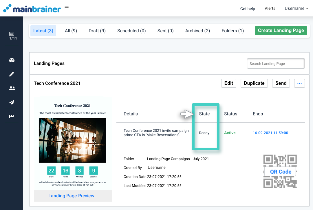 Landing page manager, landing page activation state is highlighted