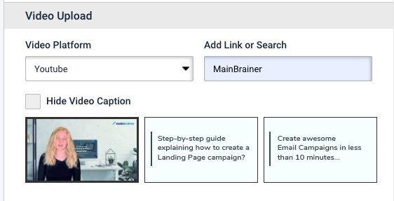 Landing page video widget. Video upload settings. Youtube is selected