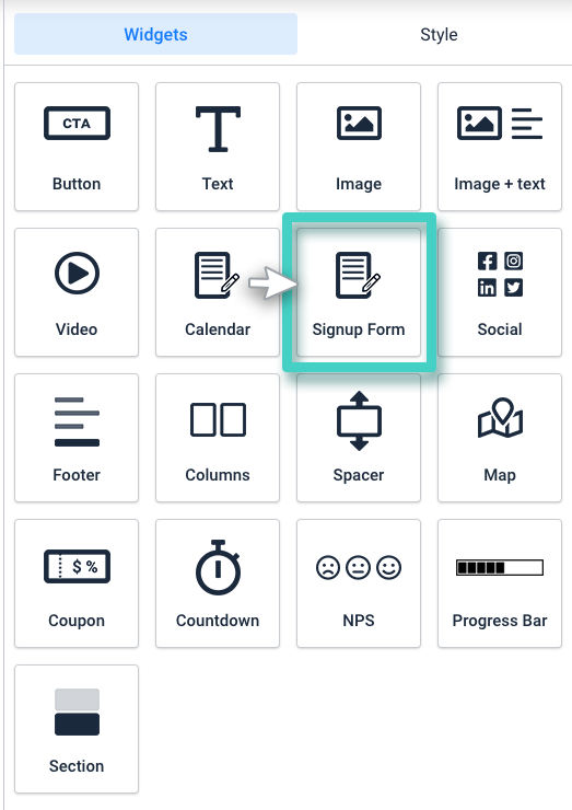 Landing page signup form. The signup form widget is highlighted