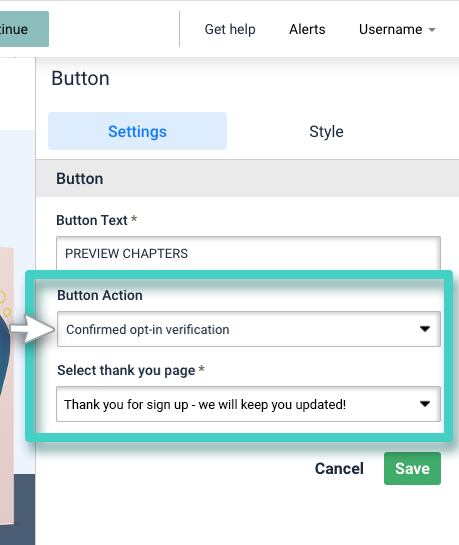 Landing page click action for button. Confirmed opt-in verification is selected