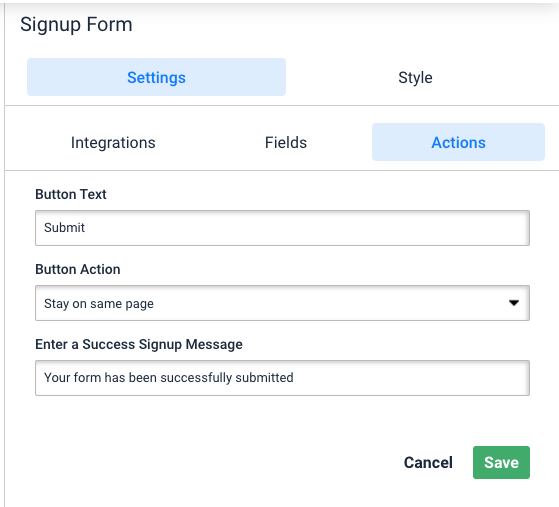 Customer signup rules, settings tab. Choose button text and action