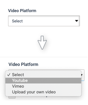 Landing page video widget. Select video platform. Youtube is selected