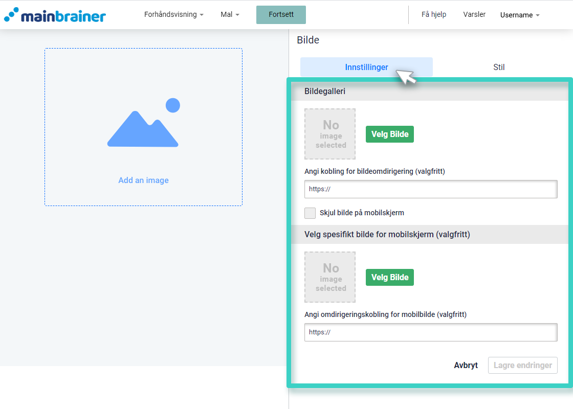 Landingssidebyggerens bilde-widget. Innstillinger-fanen er uthevet