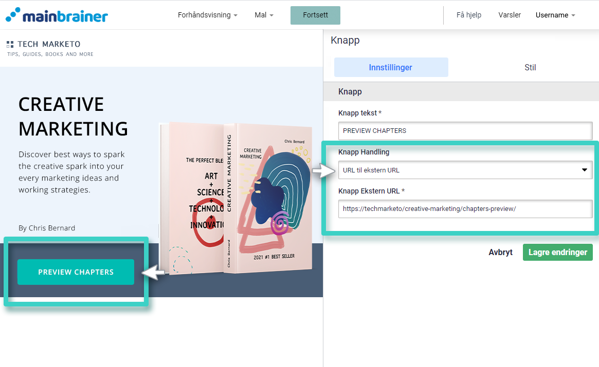 Landingssidens klikk handling for knapp. Innstillinger for knapphandling er uthevet