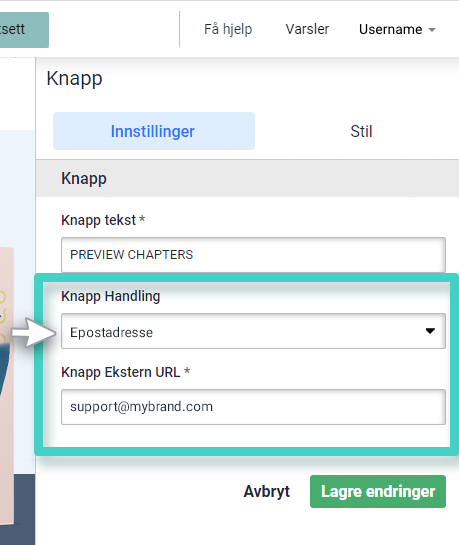 Landingssidens klikk handling for knapp. E-postadresse er valgt