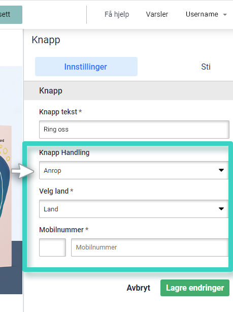 Landingssidens klikk handling for knapp. Anrop er valgt