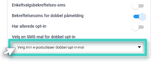 Doble innstillinger for e-postregistrering. Velg mal for dobbel påmelding for e-postutløser