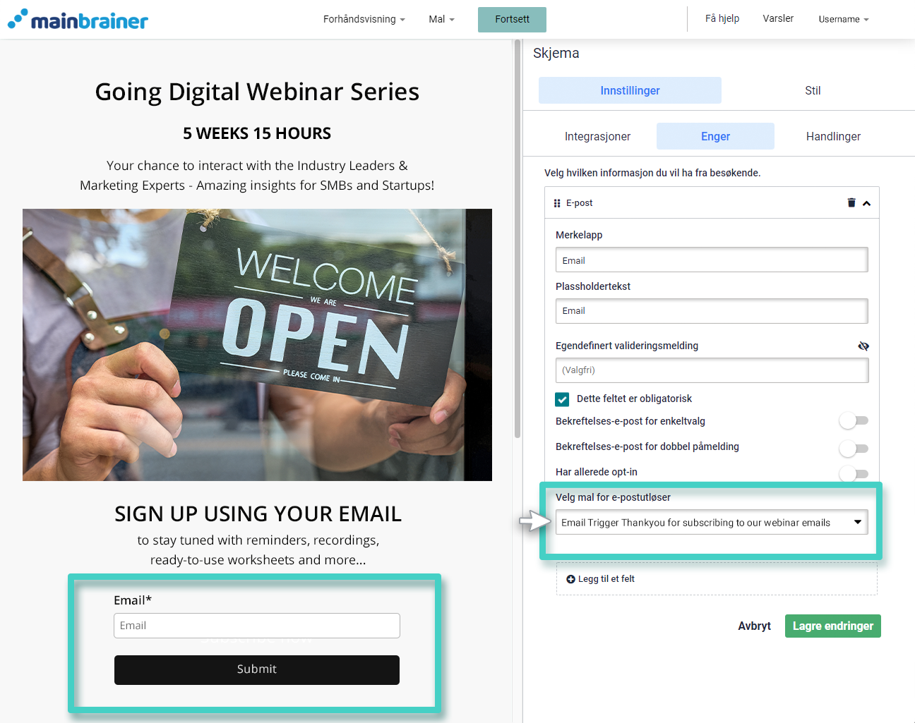 E-postutløsermal, landingssidebygger. Innstillinger for registreringswidget, velg utløsermal