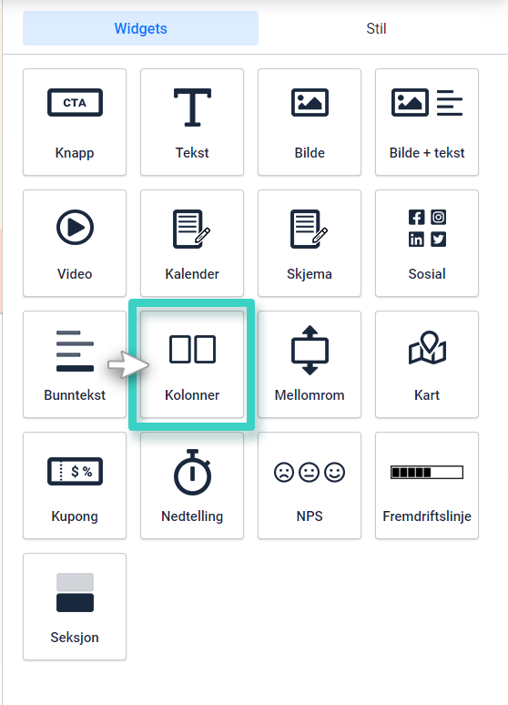 Innstilling for widget for kolonner på landingssider