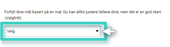 Konverteringsmål for landingsside. Forhåndsutfyll mål fra mal. Dropdown-menyen er uthevet