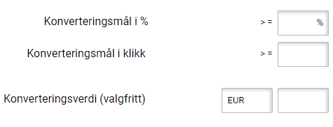 Konverteringsmål for landingsside. Angi mål i prosent eller klikk