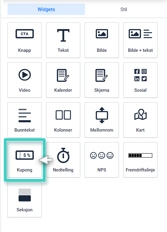 Kupongwidget for landingssidebygger width=