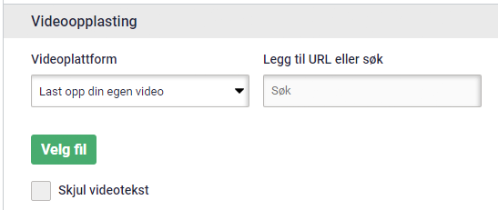 Landingssidevideo. Innstillinger for videoopplasting. Last opp din egen video er valgt