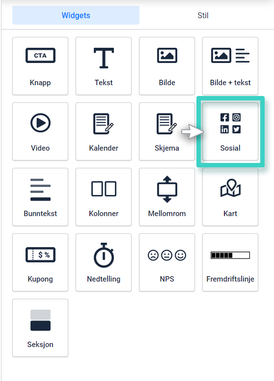 Landingssidebygger-widget for sosiale medier for facebook, instagram, linkedin og twitter
