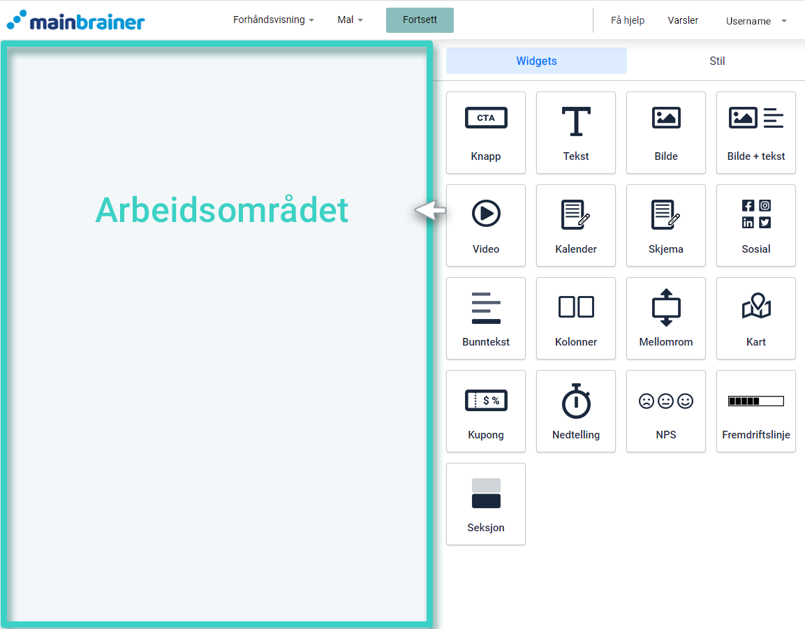 Landingssidebygger, arbeidsområde og widgets