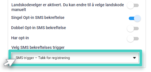 Landingssidebygger, innstillinger for registreringswidget. Velg SMS-utløsermal