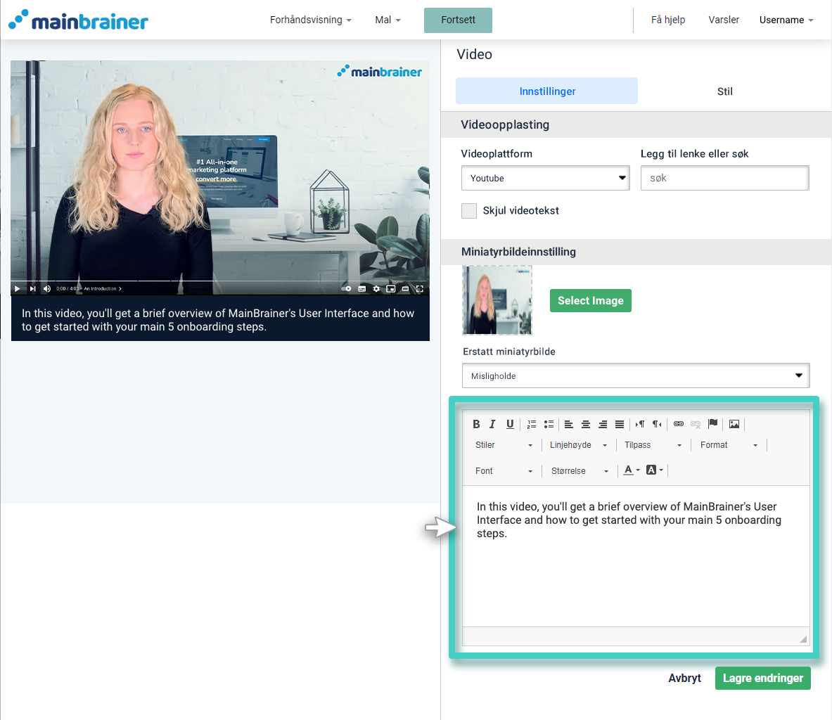 Landingssidens Video-widget. Innstillinger for videotekst er uthevet