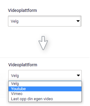 Landingssidens Video-widget. Velg videoplattform. Youtube er valgt
