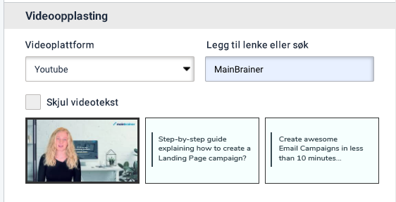 Landingssidens Video-widget. Innstillinger for videoopplasting. Youtube er valgt