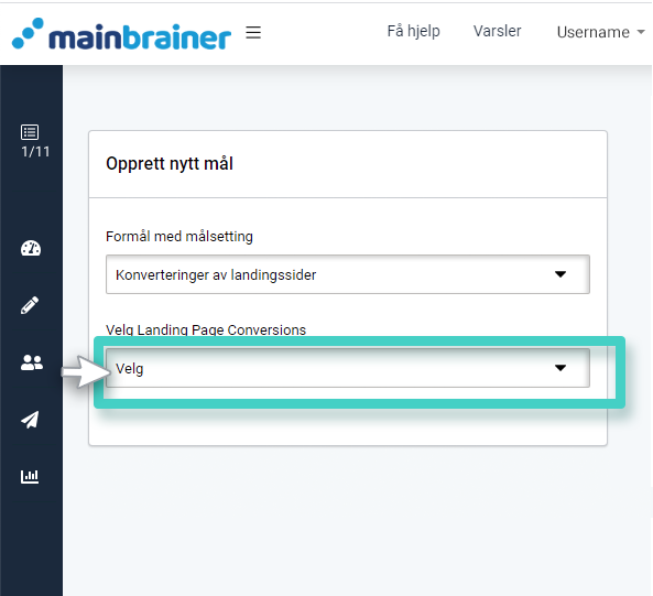 Valg av landingsside for performance-mål. Velg KPI for landingsside performance-mål.