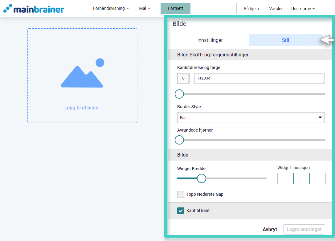 Ny landingsside, stilfanen for bildewidget er uthevet