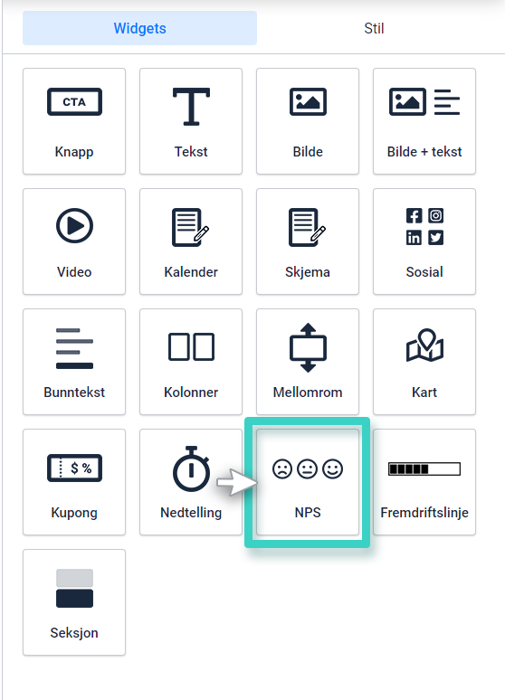 Landinssidebyggerens NPS-widget. NPS-widgeten er uthevet