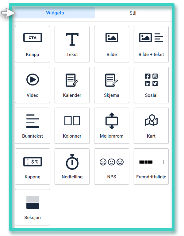 Landingssidebygger, widgets oversikt