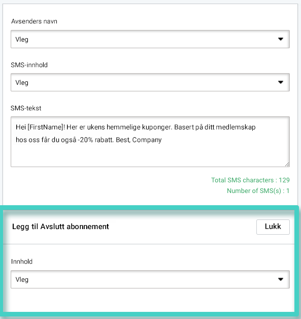 Avmeldingsmal for SMS-kampanje. SMS sending oversikt. Legg til avmeldingsseksjonen er uthevet