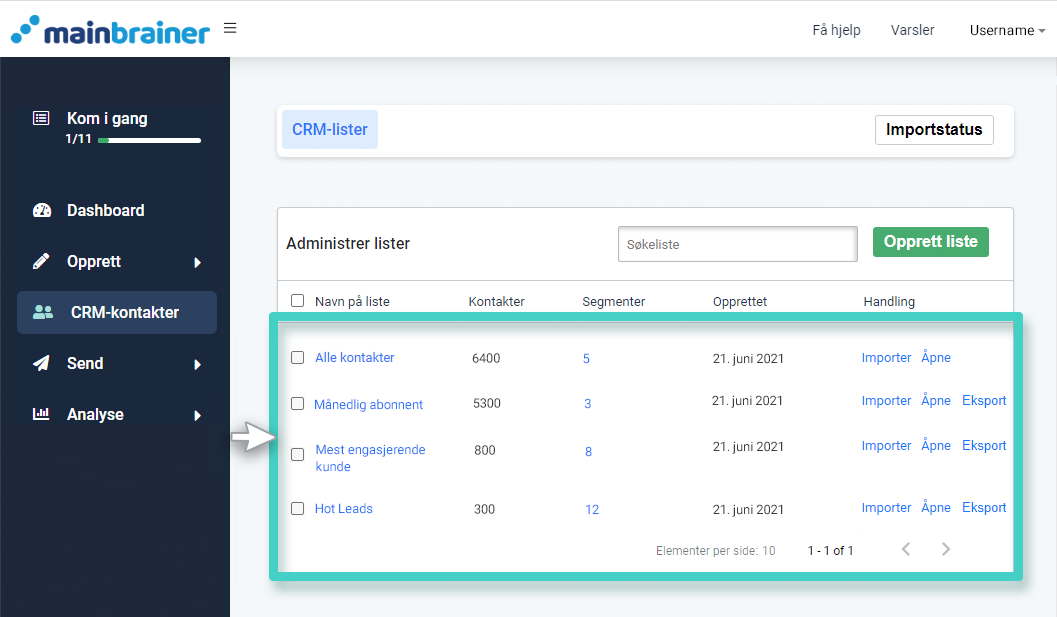 CRM-segment, listeoversikt