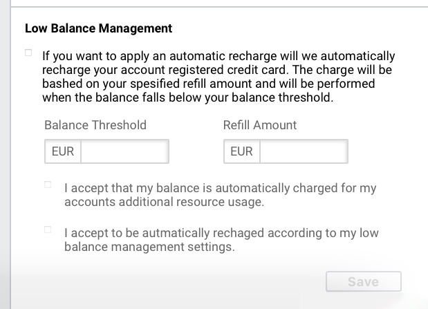 The billing section, low balance management section