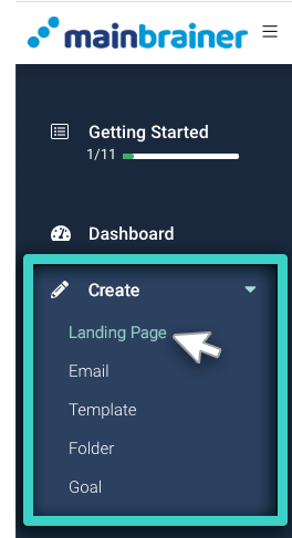 Landing page manager, create menu. Landing page is is highlighted