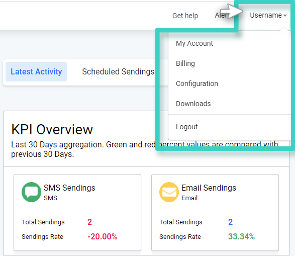 MainBrainer My account menu. Options are My Account, Billing, Configuration, Downloads and Logout