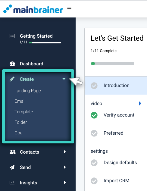 MainBrainer Create menu. Options are Landing Page, Email, Template, Folder and Goals