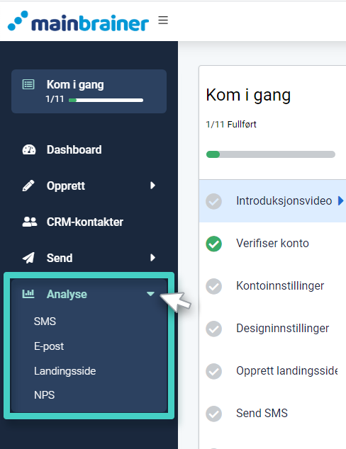 MainBrainer Insights undermeny. Alternativer er SMS, E-post, Landingsside og NPS