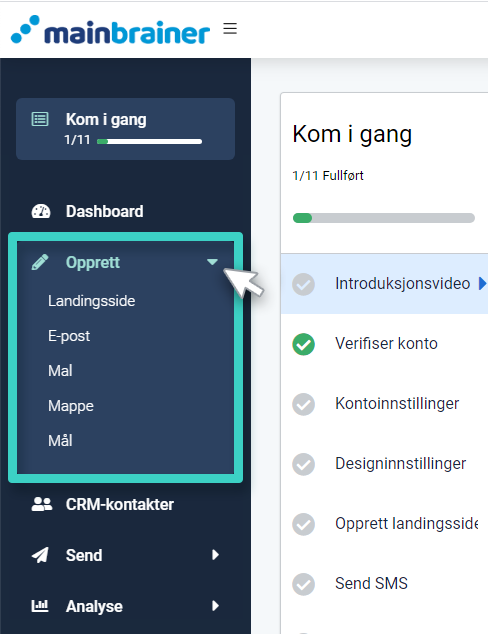 MainBrainer Opprett-meny. Alternativer er Landingsside, E-post, Mal, Mappe og Mål