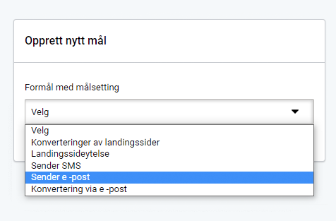 Mål for e-post sending, forrige kampanje. Velg målformål fra en rullegardinmeny