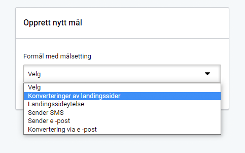 Konverteringsmål for landingsside. Målformål, landinigssidekonverteringer er valgt