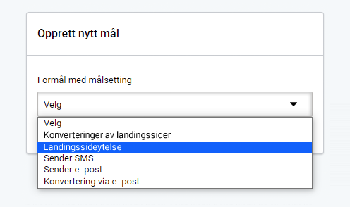 Formålet med landingssidens performance. Dropdown-menyen utvidet, landingssideytelse valgt