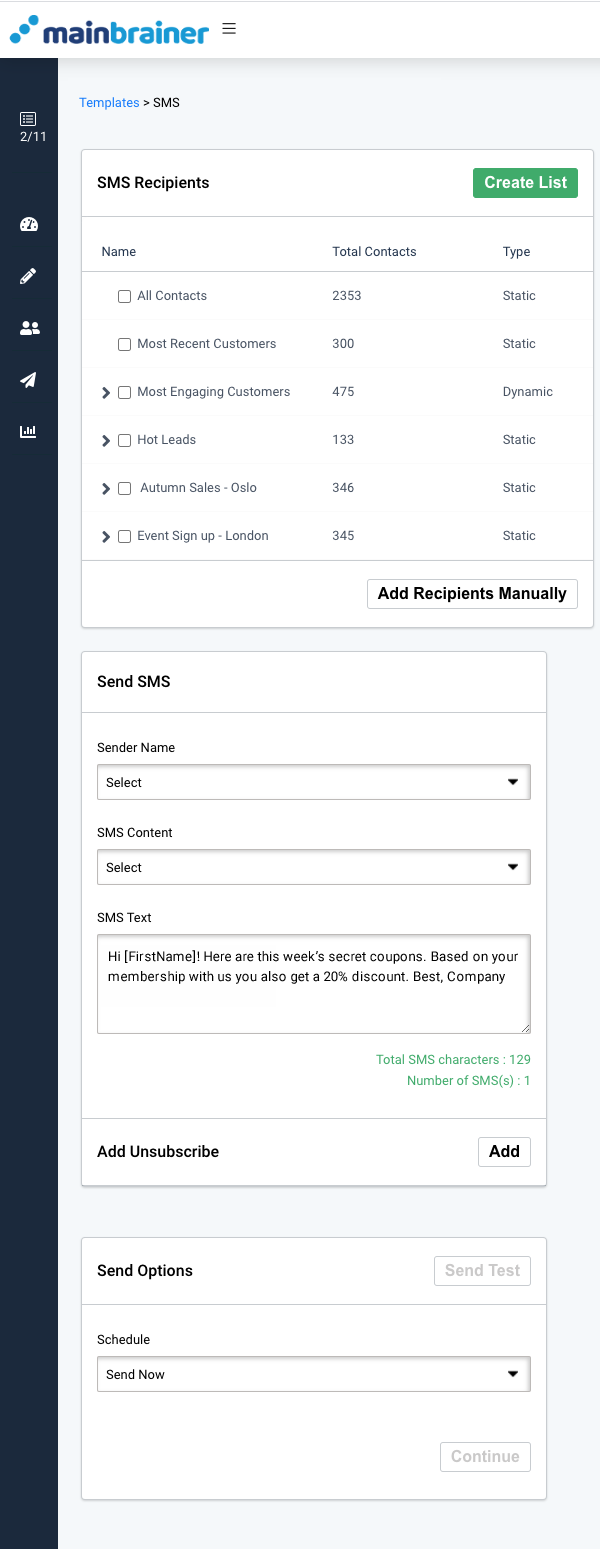 SMS with landing page, SMS recipients. Create list or add recipients manually