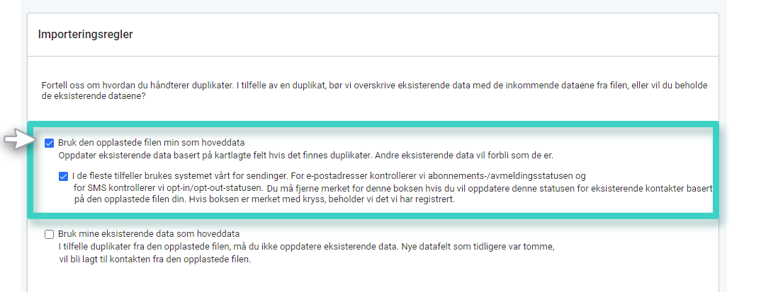 MainBrainer CRM import kontakter, import regler. Bruk fil som stamdata 