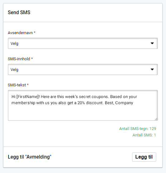 Sending av SMS-kampanje. Navngi og beskriv SMS-en