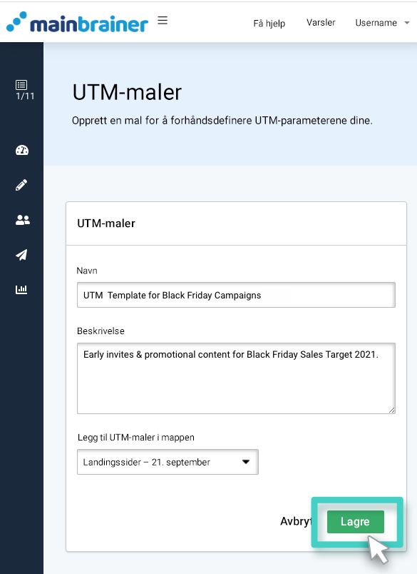 Opprett UTM-mal. Gi malen et navn og en beskrivelse