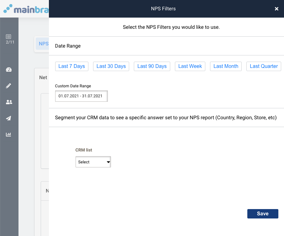 NPS Insights. Select date range defaults or set custom range